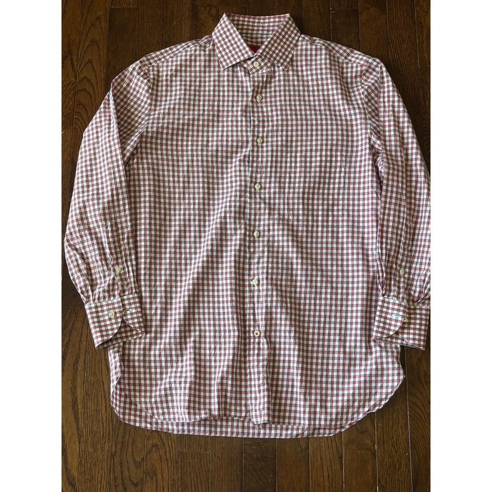Isaia Napoli Mens Red Blue Check Cotton Dress Shirt Made in Italy Size 16 41
